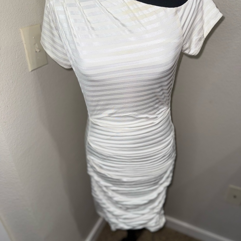 Bebe White Asymmetrical Striped Bodycon Mini Dress- Size Small‎